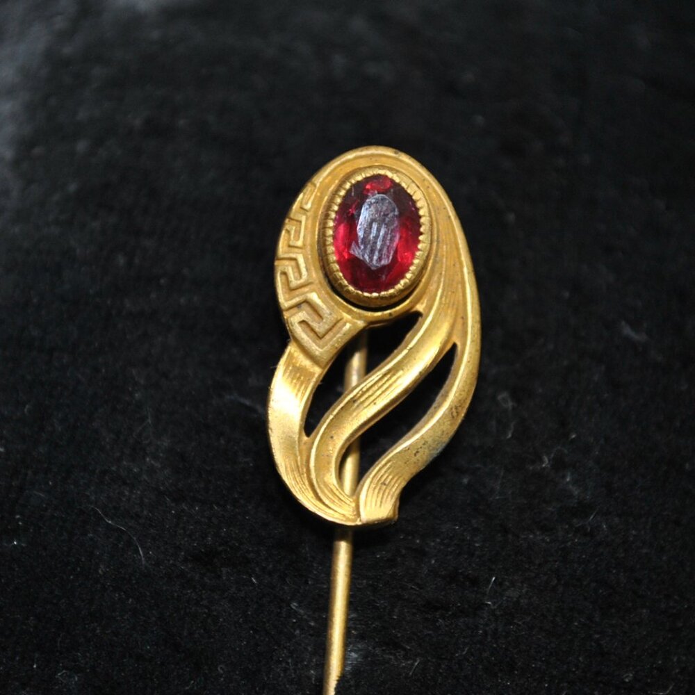 Antique Greek Key Art Nouveau Stick / Tie Pin with Red-Pink Glass